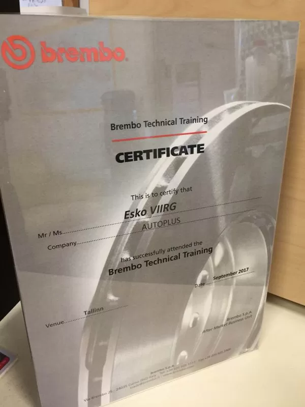Brembo koolituse sertifikaat.